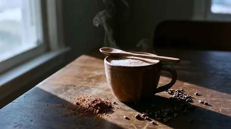 A dramatic still life of a frothy cup of cacao with scattered cacao powder in strong window light