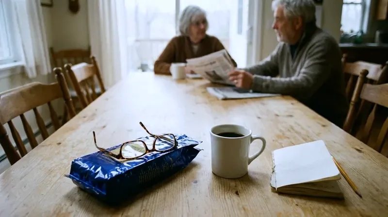 A pair of reading glasses resting on a blue supplement pouch at a kitchen table