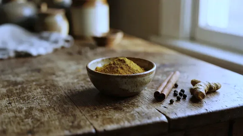 A small ceramic bowl of turmeric powder beside whole spices on a wooden table
