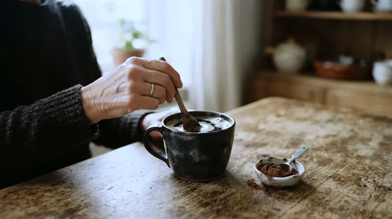 A dark ceramic mug of coffee with a spoon of cacao powder being stirred in