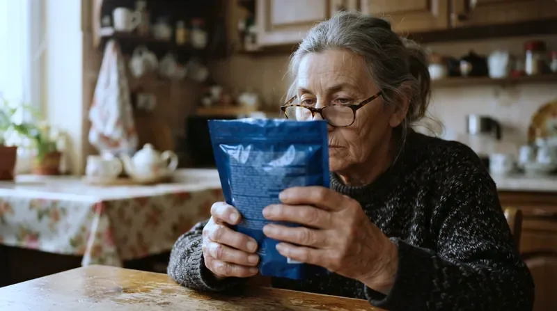 An older woman's hands holding a supplement label close to read it