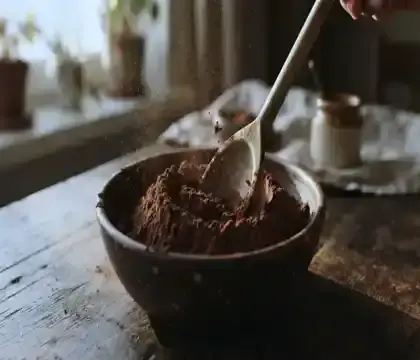 A wooden spoon sinking into a dark mound of cacao powder, slow zoom