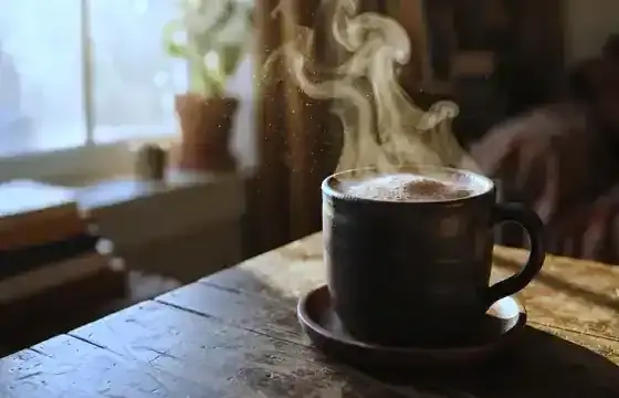 Steam rising from a dark cup of cacao in morning light, slow pan