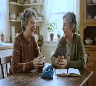 Two older women laughing over mugs at a kitchen table, slow zoom